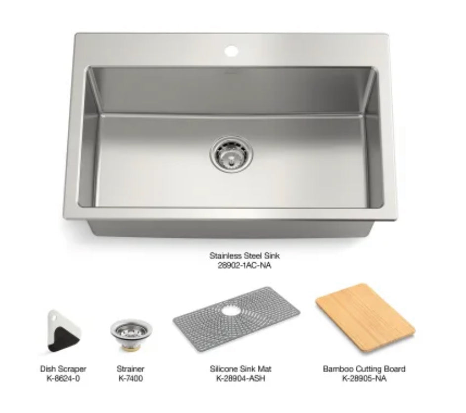 Kohler Bentham 33" Undermount Single Basin Stainless Steel Kitchen Sink with Basin Mat and Cutting Board