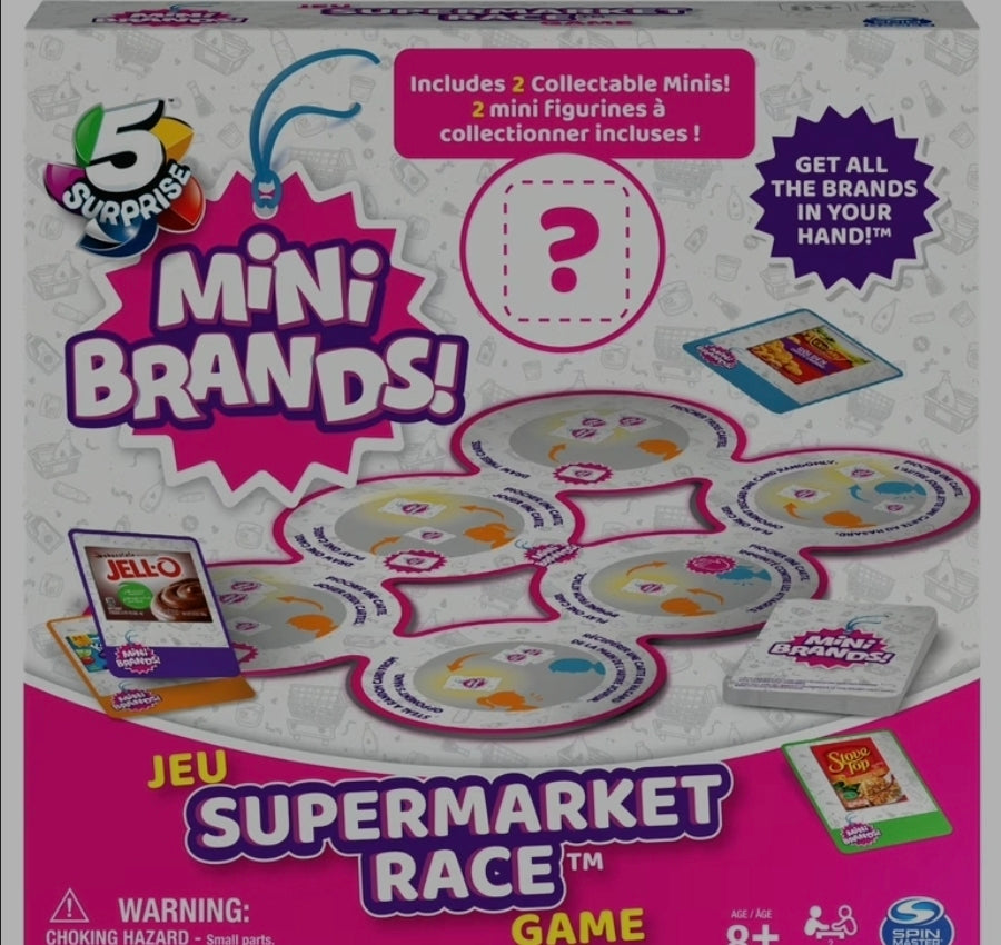 5 Surprise Mini Brands Supermarket Race Board Game by Spin Master, with 2 Collectible Movers for Kids 8 and up