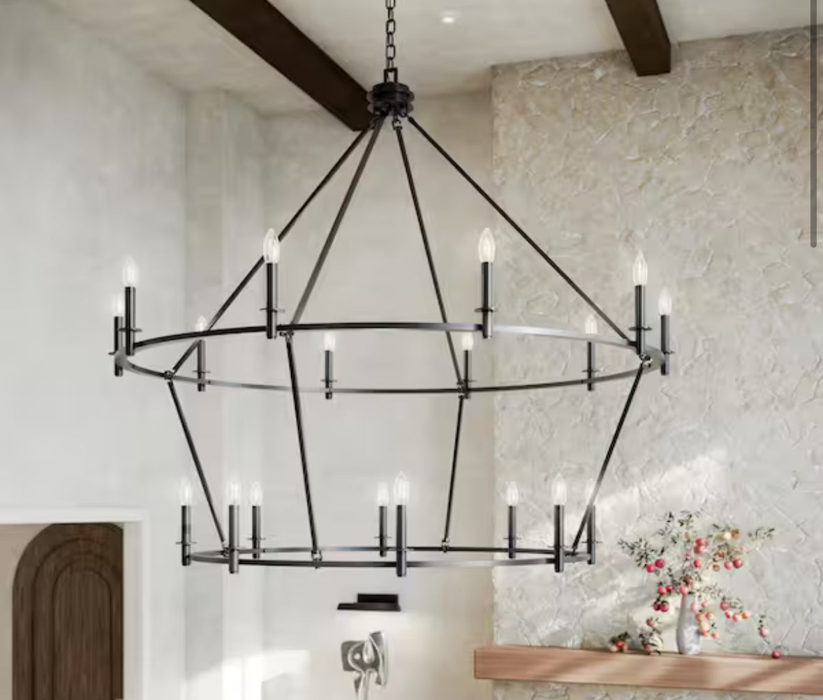 Carrick 54.25 in. 18-Light Black Traditional Candle Tiered Chandelier for Foyer