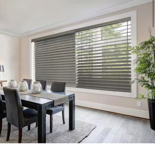 Driftwood Gray Cordless Premium Faux Wood blinds with 2.5 in Slats - 31.5 in W x 72 in L (Actual Size 31 in W x 72 in L)