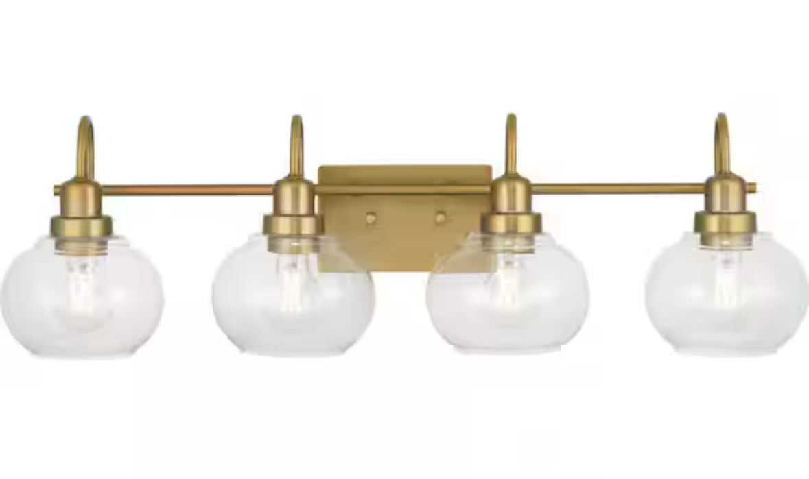 Halyn 31-3/8 in. 4-Light Vintage Brass Industrial Bathroom Vanity Light with Clear Glass Shades