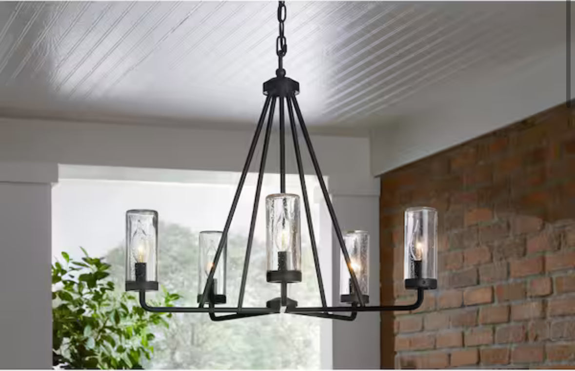 Bainbridge 24 in. 5-Light Black Outdoor Urban Industrial Chandelier with Clear Seeded Glass Shades