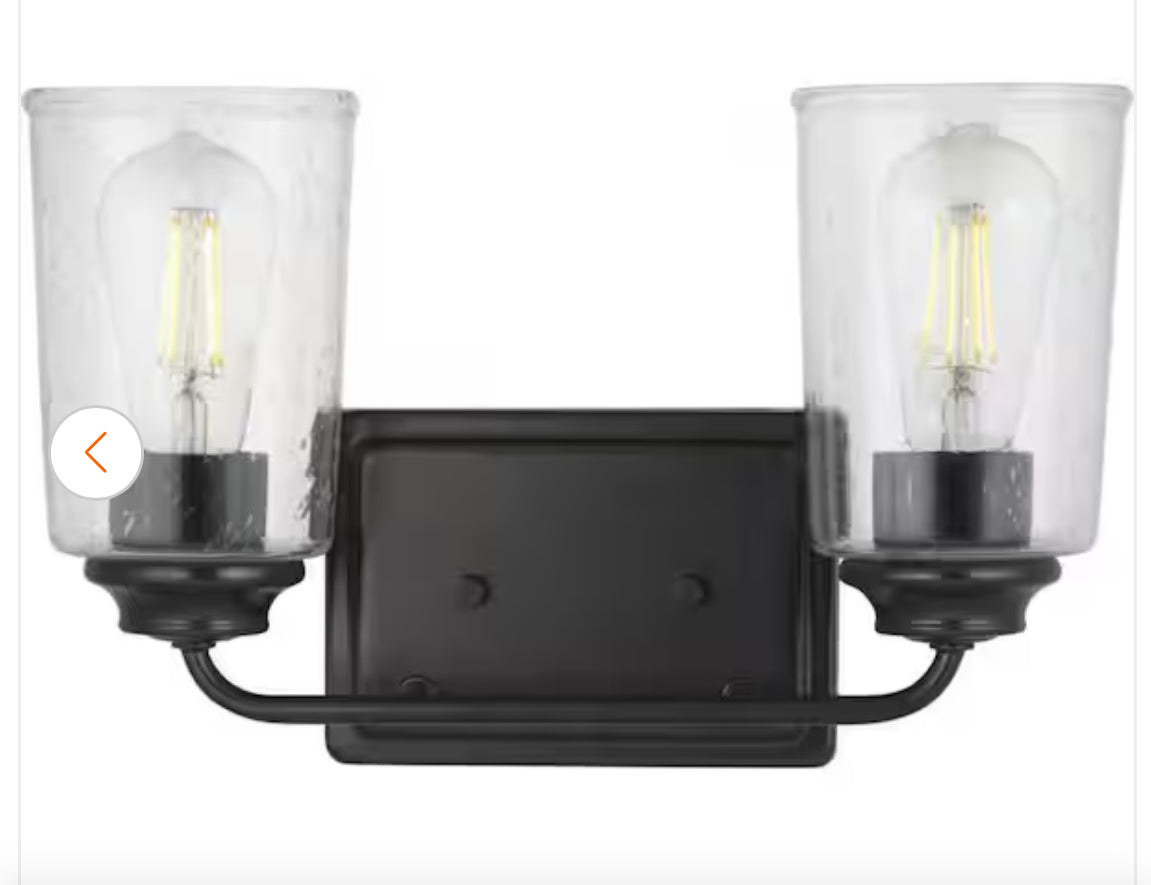 Hampton Bay
Evangeline 13-5/8 in. 2-Light Matte Black Farmhouse Bathroom Vanity Light with Clear Seeded Glass Shades