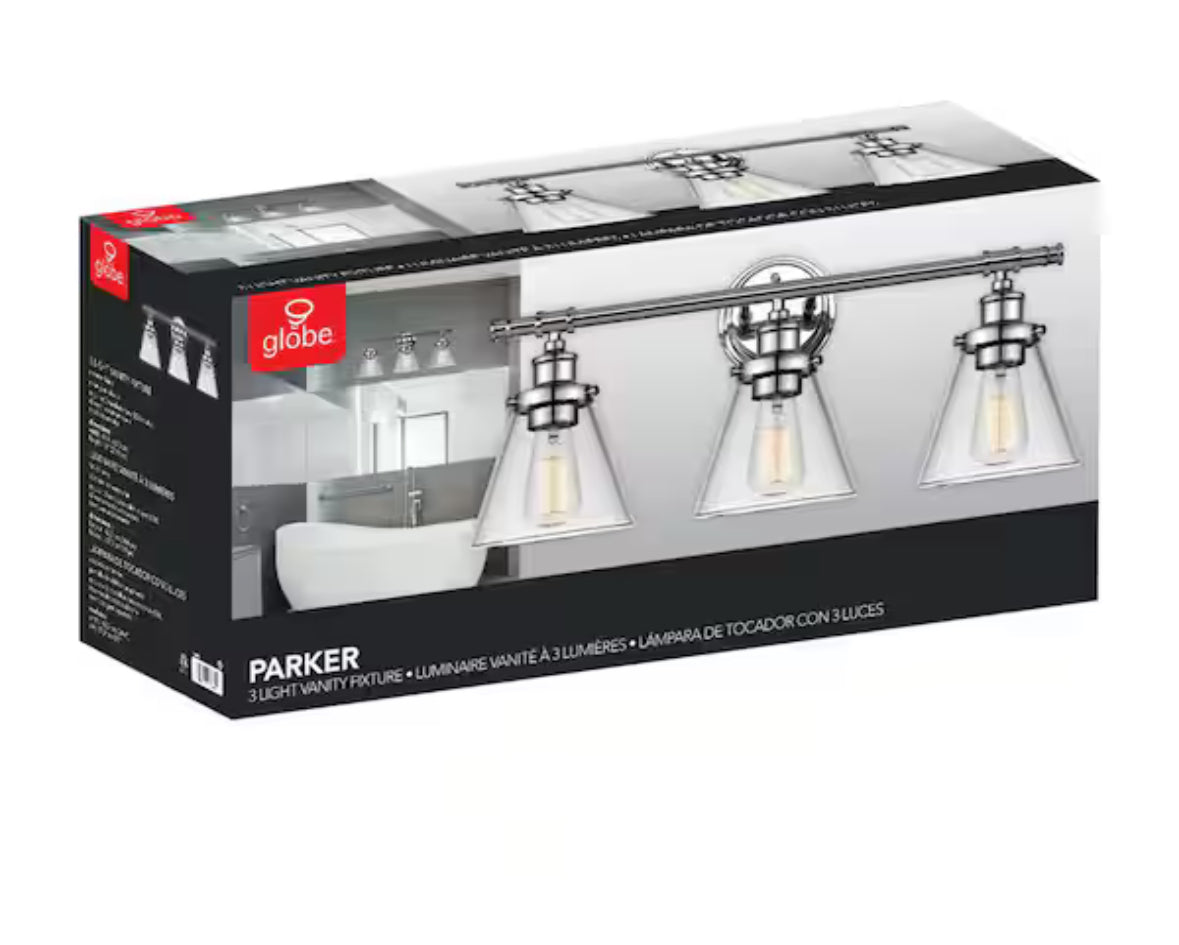 Parker 3-Light Chrome Vanity Light with Clear Glass Shades