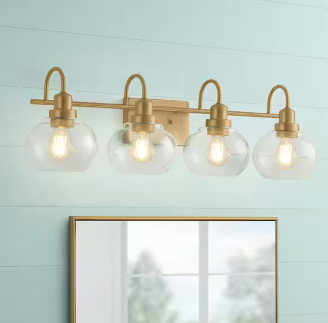 Halyn 31-3/8 in. 4-Light Vintage Brass Industrial Bathroom Vanity Light with Clear Glass Shades