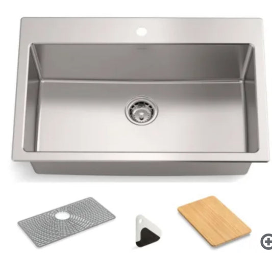 Kohler Bentham 33" Undermount Single Basin Stainless Steel Kitchen Sink with Basin Mat and Cutting Board