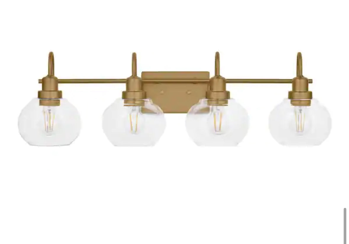 Halyn 31-3/8 in. 4-Light Vintage Brass Industrial Bathroom Vanity Light with Clear Glass Shades