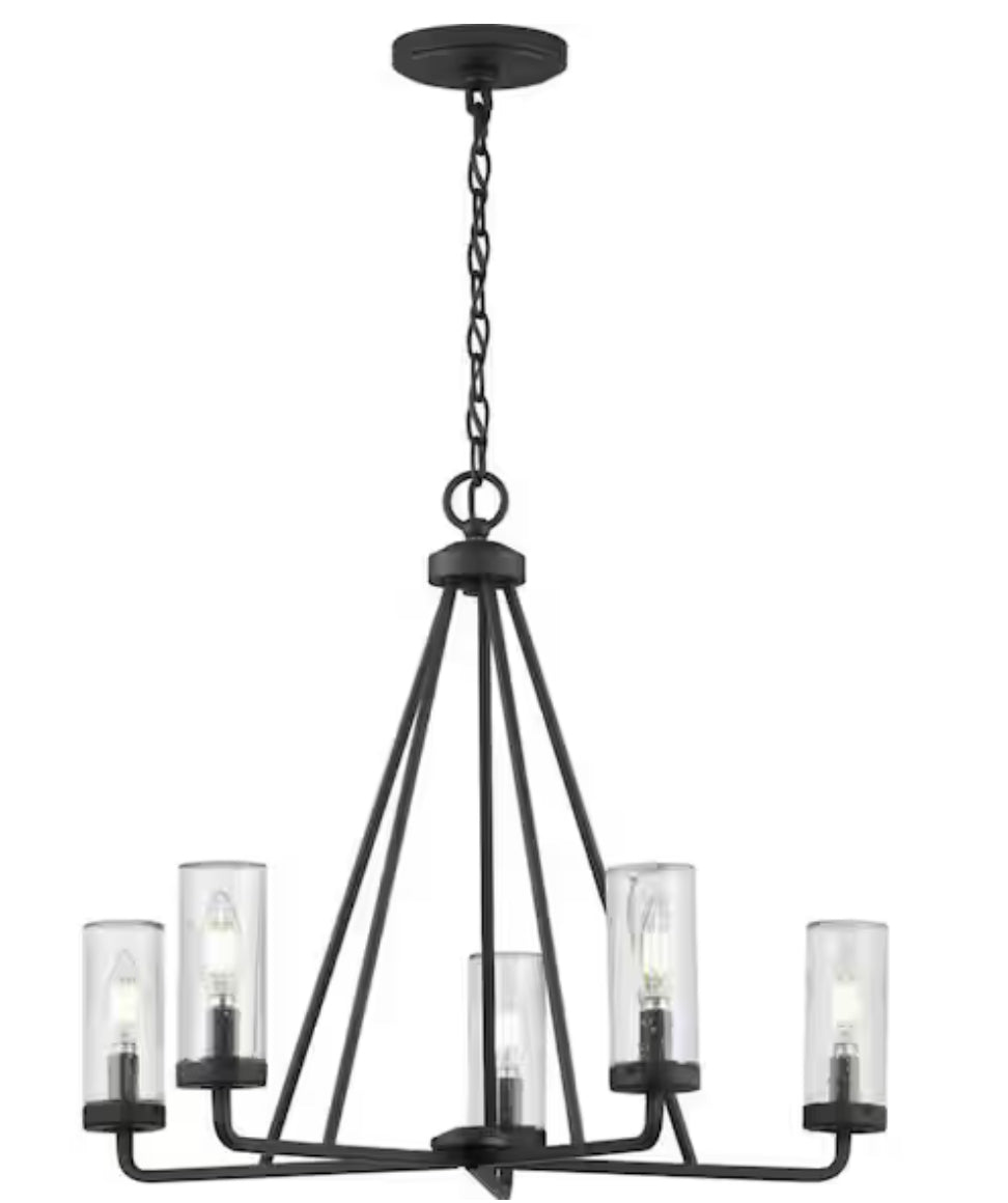 Bainbridge 24 in. 5-Light Black Outdoor Urban Industrial Chandelier with Clear Seeded Glass Shades