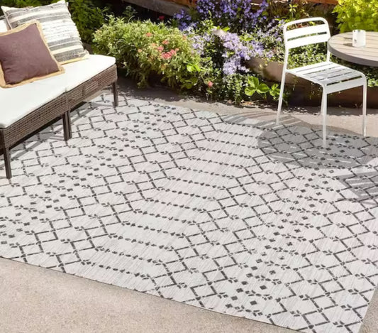 Ourika Moroccan Geometric Textured Weave Cream/Black 5 ft. x 8 ft. Indoor/Outdoor Area Rug
