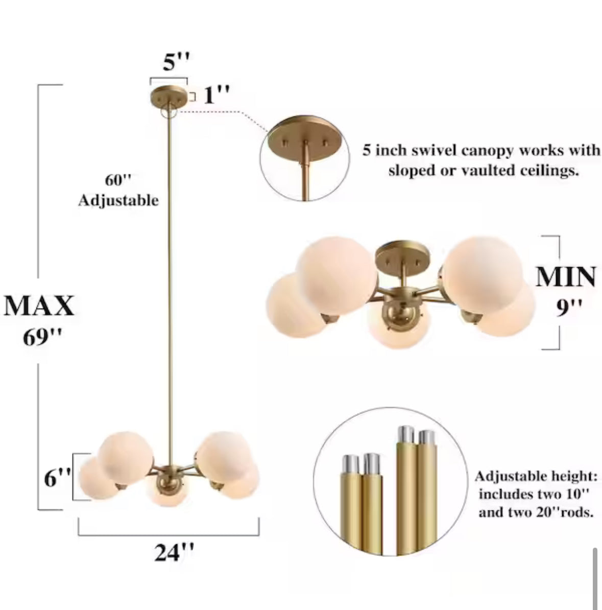 Modern Globe Dining Room Chandelier 5-Light Gold Sputnik Chandelier with Frosted Glass Shades