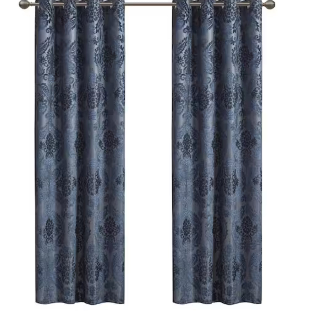 Loraine Navy Damask Knitted Jacquard Paisley 50 in. W x 108 in. L Blackout Grommet Top Curtain