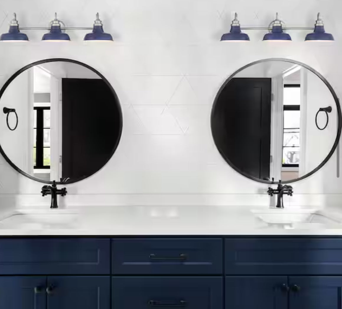 Elmcroft 29 in. 3-Light Brushed Nickel Farmhouse Vanity with Cobalt Blue Metal Shades