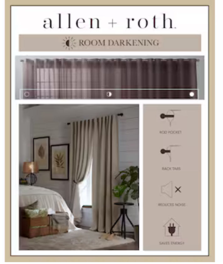 allen + roth 84-in Grey Room Darkening Thermal Lined Back Tab Single Curtain Panel