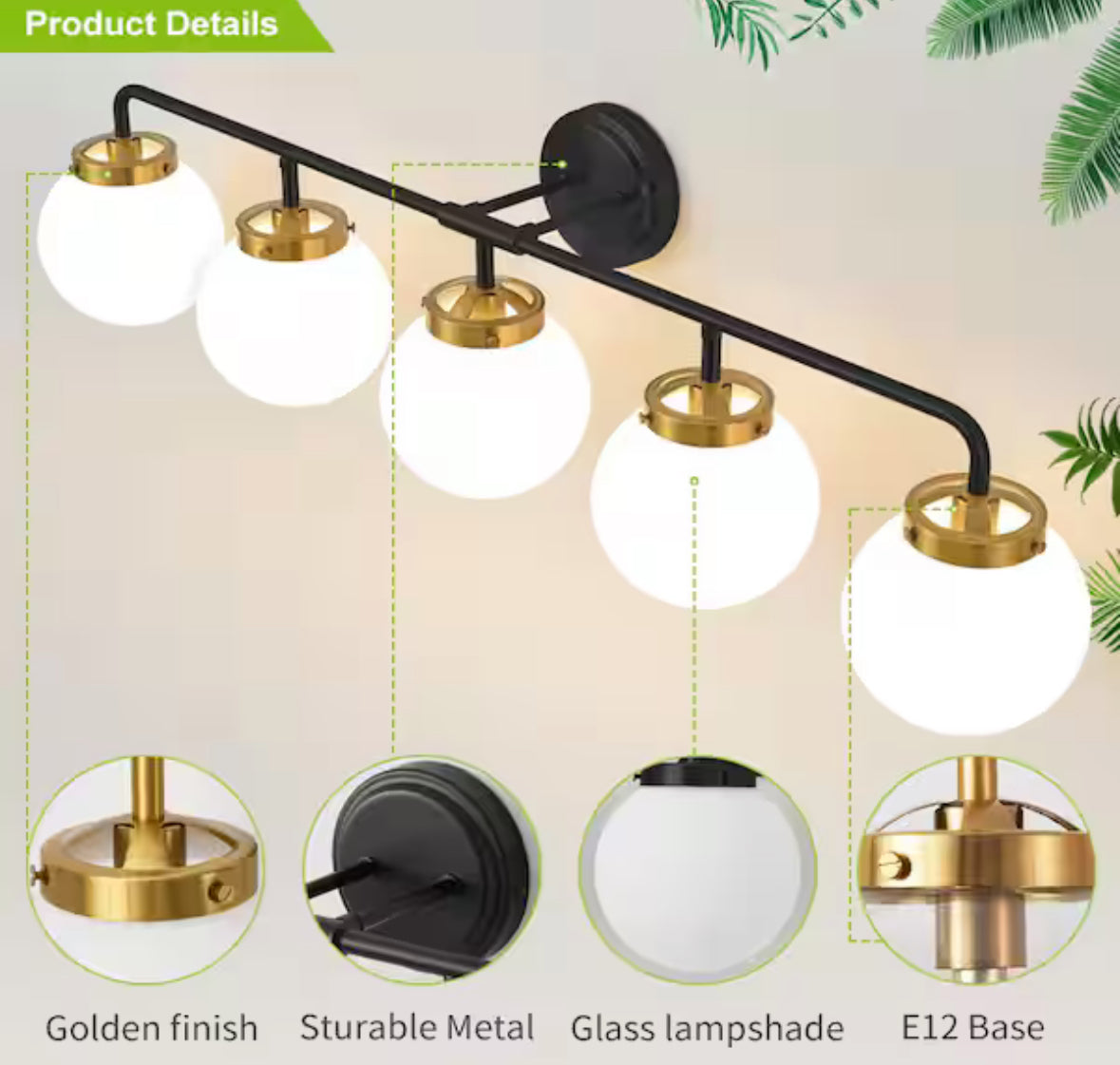 38.98 in. 5-Light Black and Gold Bathroom Vanity Light with Opal Glass Shades, Bulbs not Included