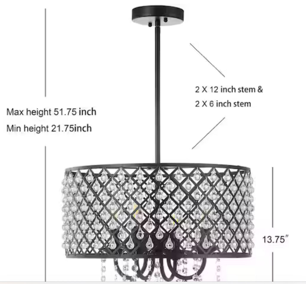 Gigi 17" Metal/Crystal Adjustable LED Drop Chandelier, Black/Clear