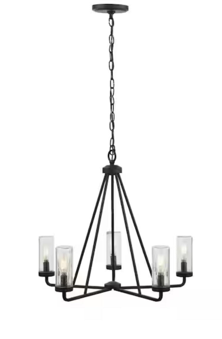 Bainbridge 24 in. 5-Light Black Outdoor Urban Industrial Chandelier with Clear Seeded Glass Shades