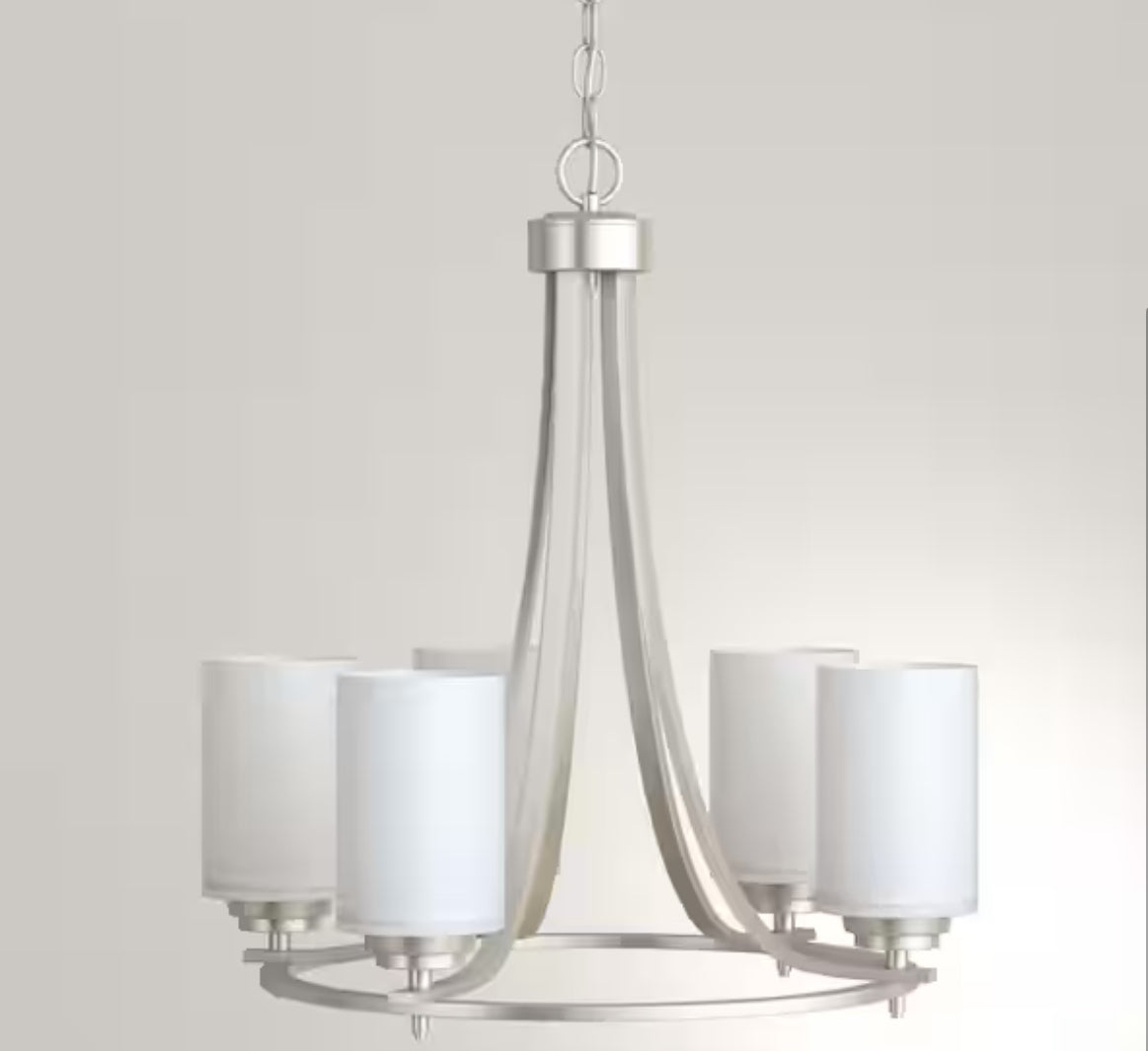 5-Lights Satin Nickel Chandelier with Etched White Glass