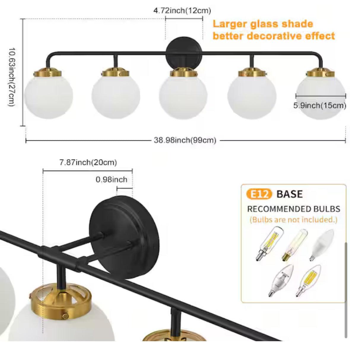 38.98 in. 5-Light Black and Gold Bathroom Vanity Light with Opal Glass Shades, Bulbs not Included