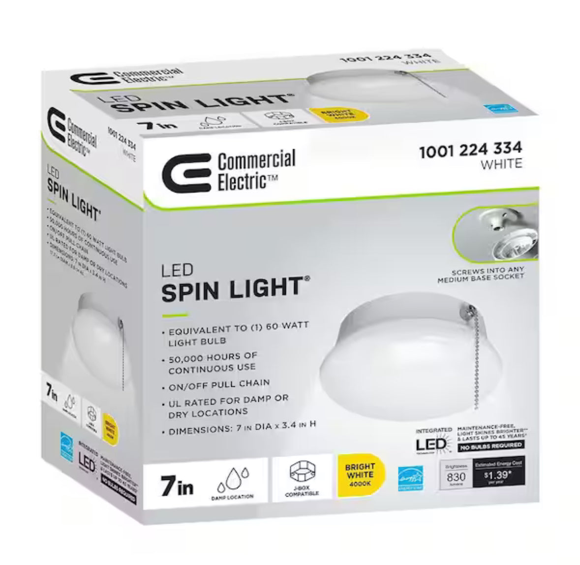 Spin Light 7 in. Closet Light with Pull Chain LED Flush Mount Ceiling Light 830 Lumens 4000K Bright White Basement Light