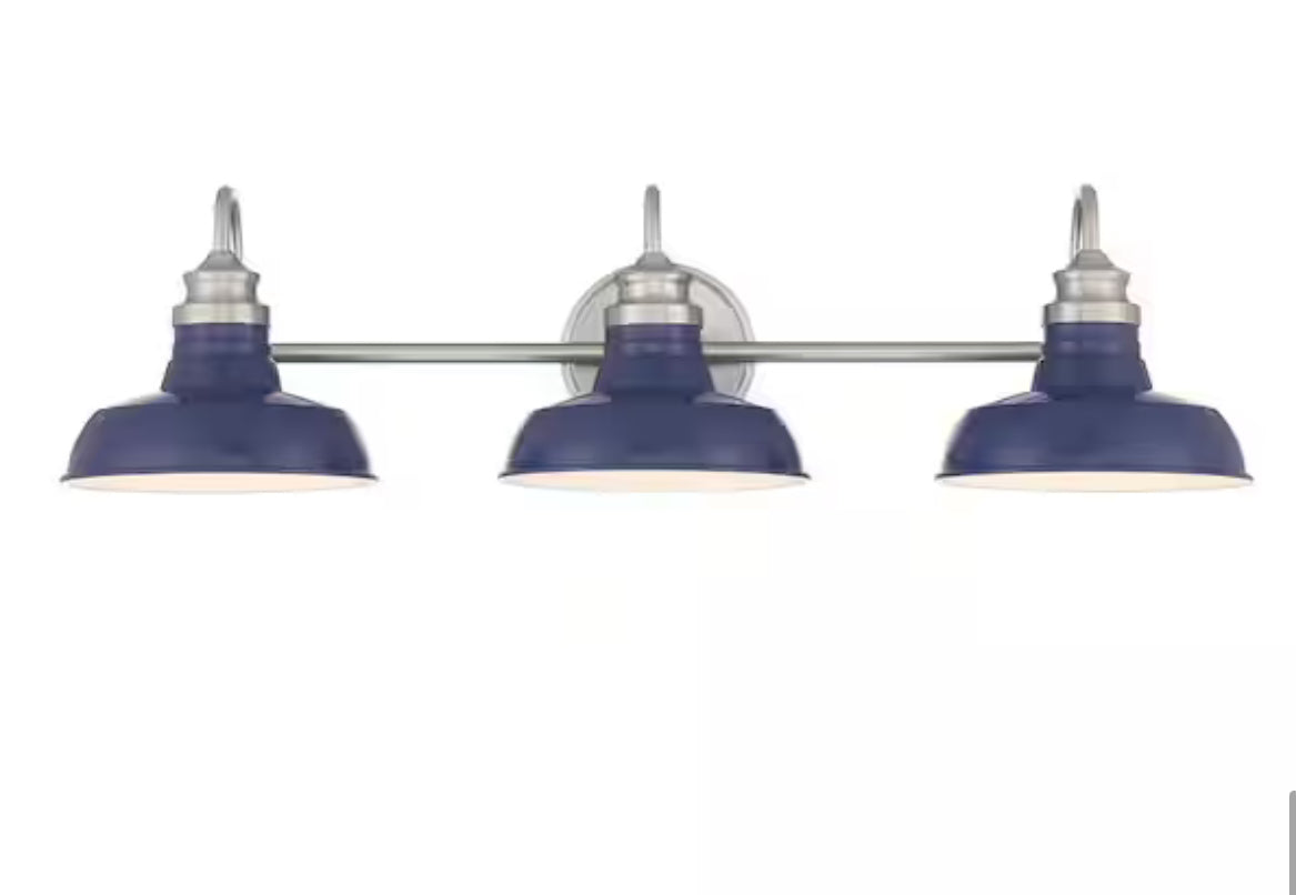 Elmcroft 29 in. 3-Light Brushed Nickel Farmhouse Vanity with Cobalt Blue Metal Shades