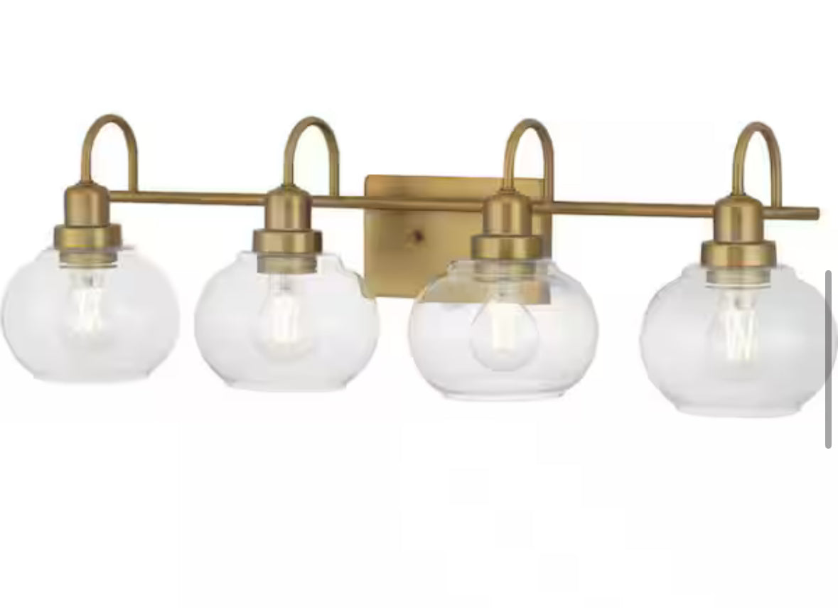 Halyn 31-3/8 in. 4-Light Vintage Brass Industrial Bathroom Vanity Light with Clear Glass Shades