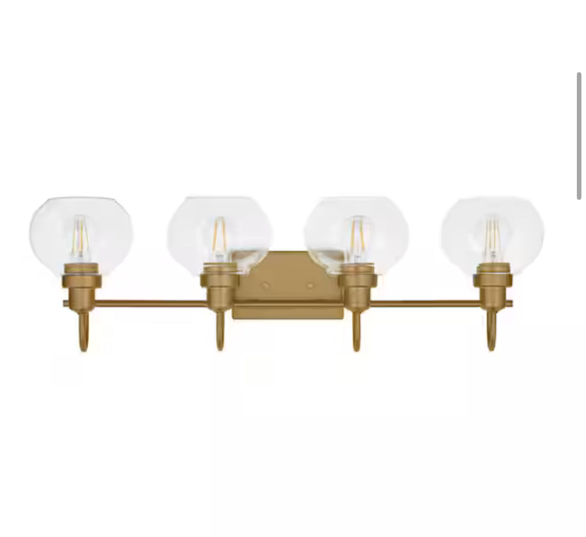 Halyn 31-3/8 in. 4-Light Vintage Brass Industrial Bathroom Vanity Light with Clear Glass Shades