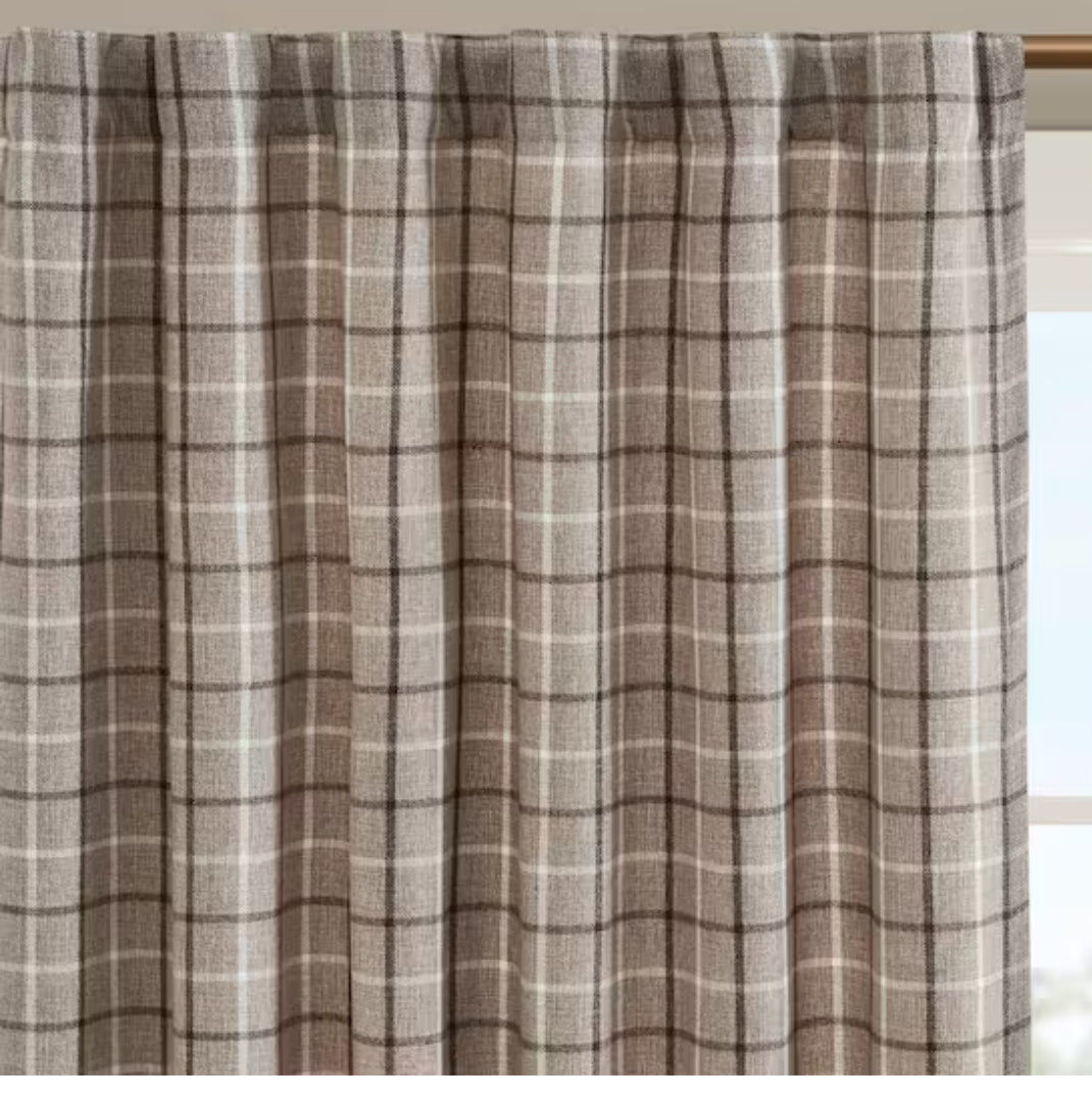 Salford Brown 50 in. W x 84 in. L Plaid Rod Pocket and Back Tab Curtain with Fleece Lining