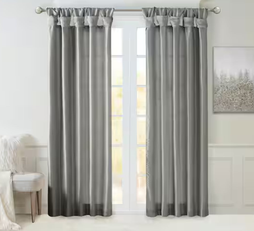 Natalie Charcoal Solid Polyester Faux Silk 50 in. W x 95 in. L Room Darkening Twisted Tab Curtain with Lining