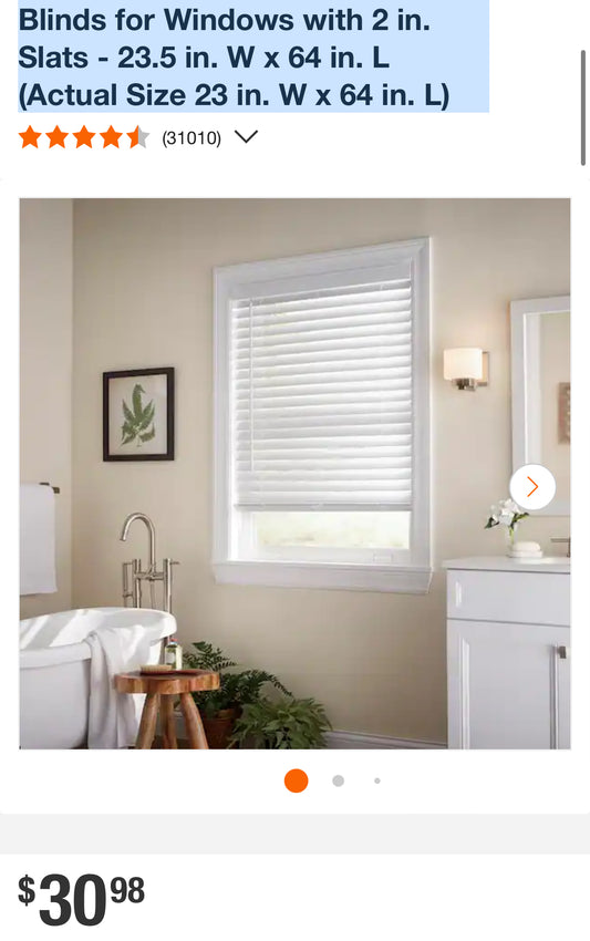 White Cordless Faux Wood Blinds for Windows with 2 in. Slats - 23.5 in. W x 64 in. L (Actual Size 23 in. W x 64 in. L)