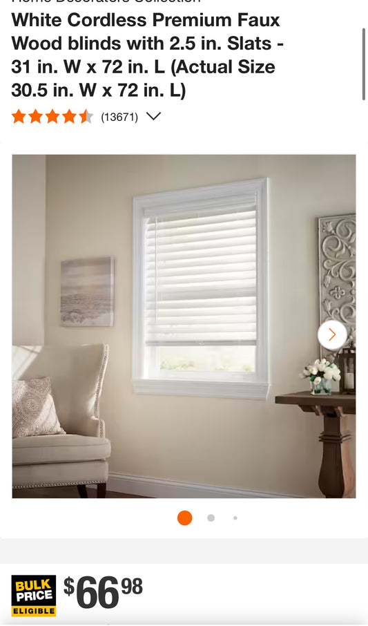 White Cordless Premium Faux Wood blinds with 2.5 in. Slats - 31 in. W x 72 in. L (Actual Size 30.5 in. W x 72 in. L)
41