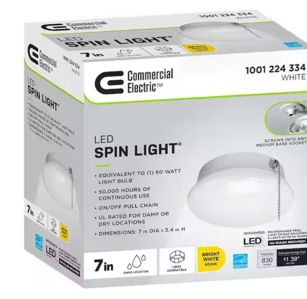 Spin Light 7 in. Closet Light with Pull Chain LED Flush Mount Ceiling Light 830 Lumens 4000K Bright White Basement Light