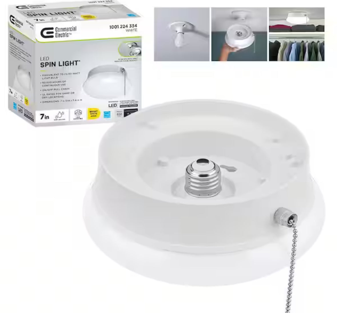 Spin Light 7 in. Closet Light with Pull Chain LED Flush Mount Ceiling Light 830 Lumens 4000K Bright White Basement Light