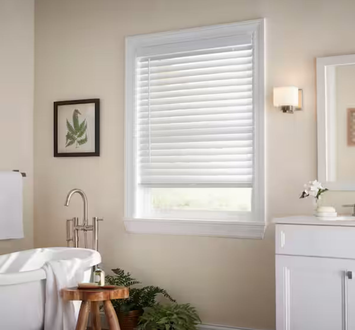 White Cordless 2 in. Faux Wood Blind - 34.25 in. W x 64 in. L (Actual Size 33.75 in. W x 64 in. L)