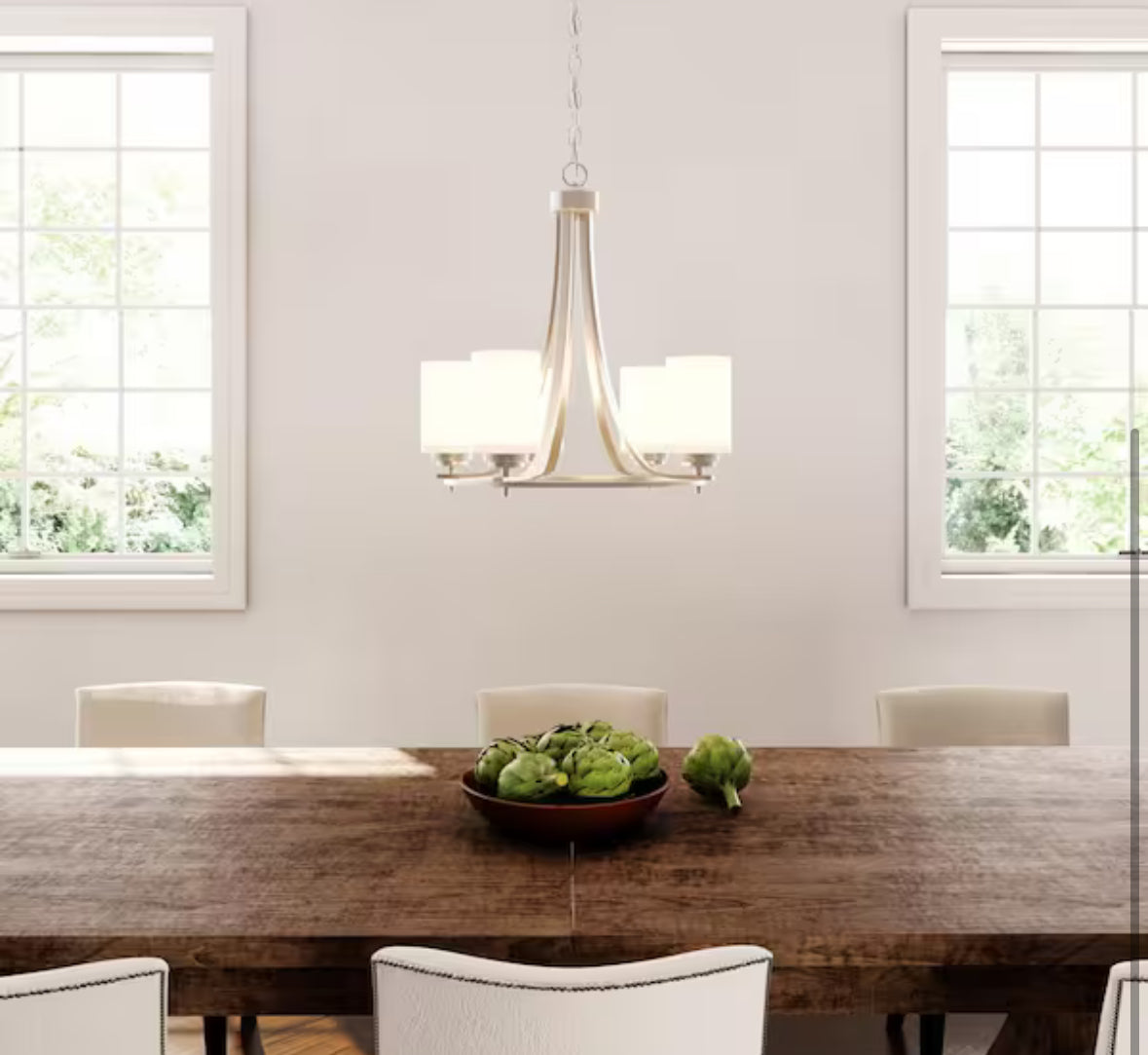 5-Lights Satin Nickel Chandelier with Etched White Glass