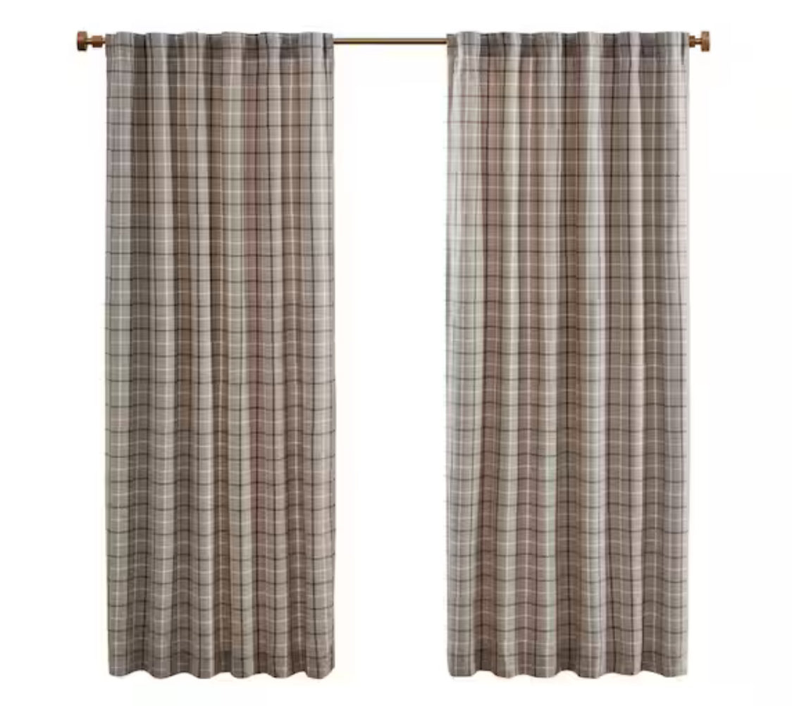 Salford Brown 50 in. W x 84 in. L Plaid Rod Pocket and Back Tab Curtain with Fleece Lining