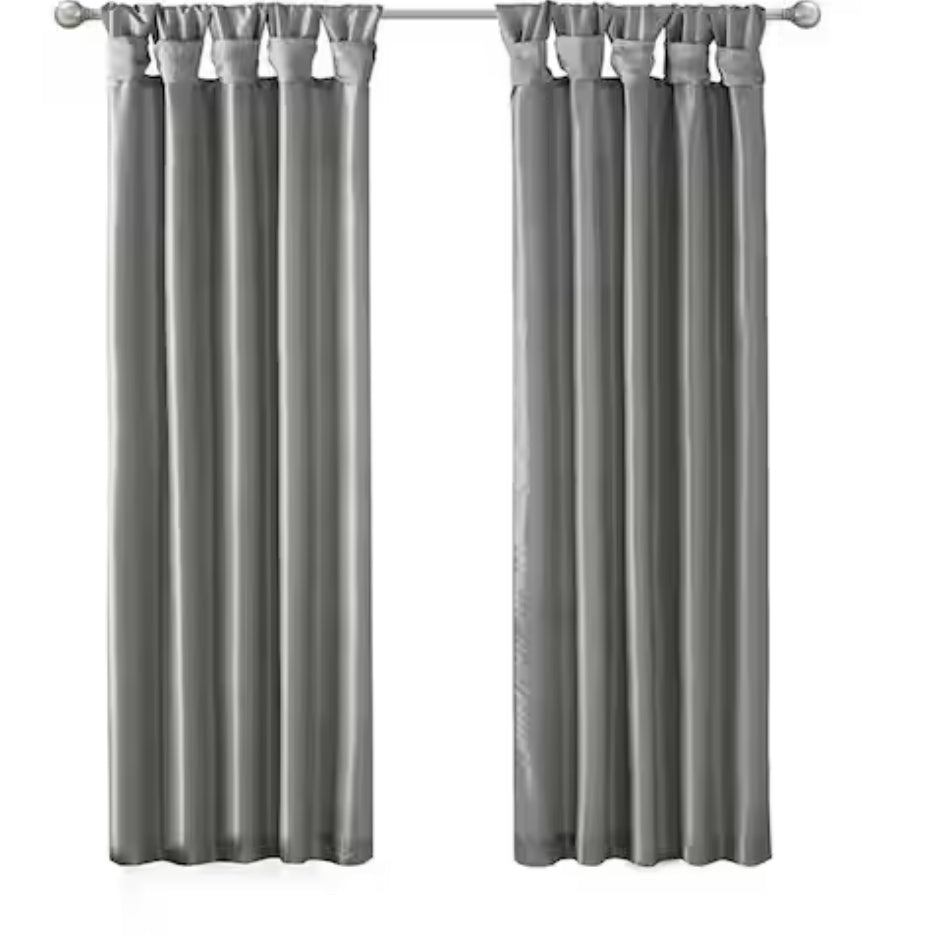 Natalie Charcoal Solid Polyester Faux Silk 50 in. W x 95 in. L Room Darkening Twisted Tab Curtain with Lining