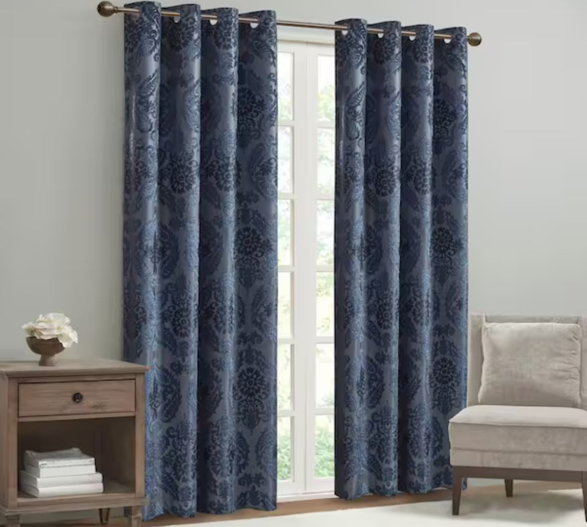 Loraine Navy Damask Knitted Jacquard Paisley 50 in. W x 108 in. L Blackout Grommet Top Curtain