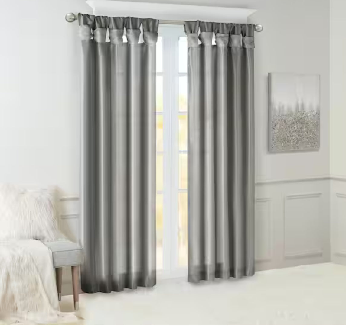 Natalie Charcoal Solid Polyester Faux Silk 50 in. W x 95 in. L Room Darkening Twisted Tab Curtain with Lining