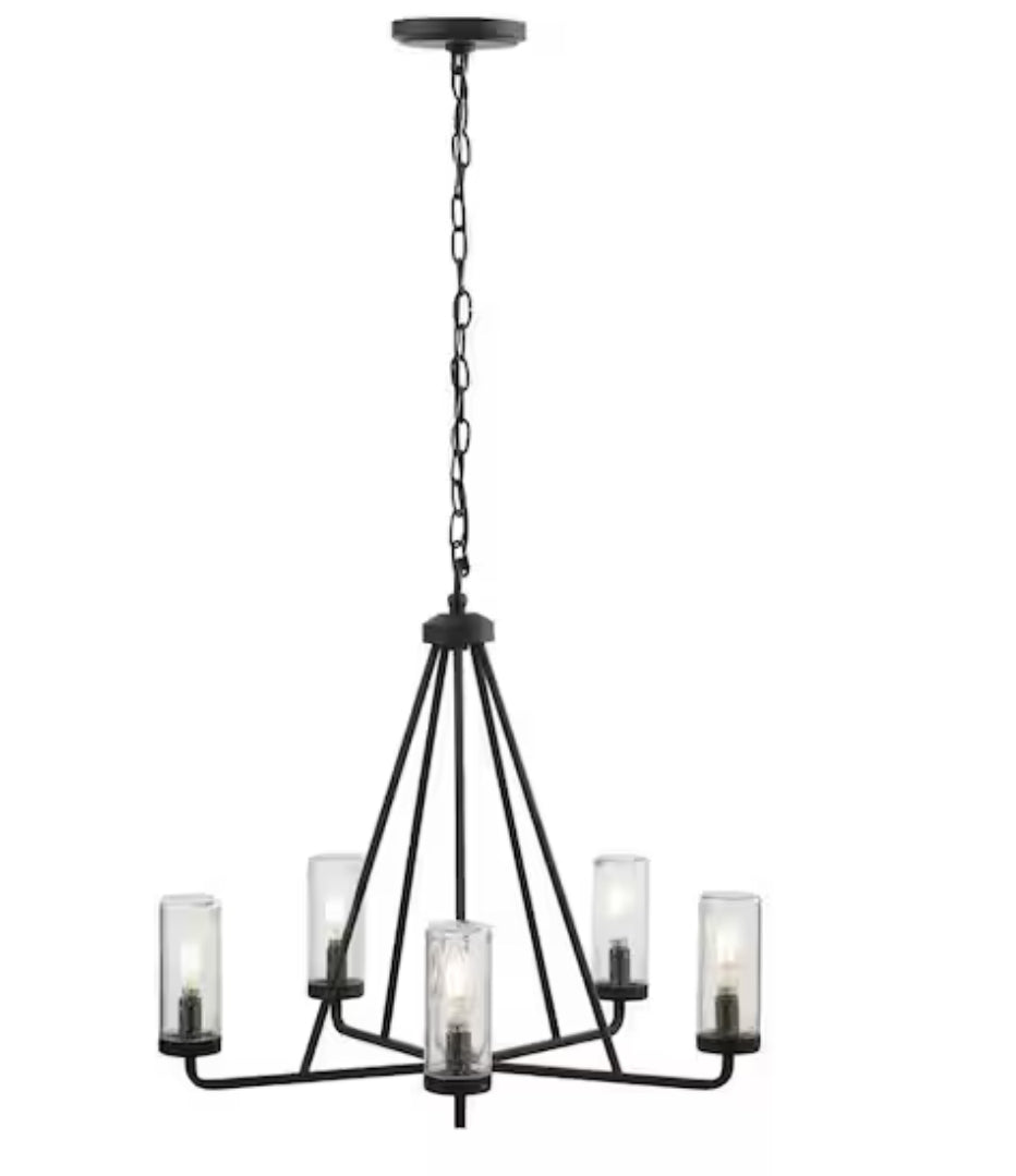 Bainbridge 24 in. 5-Light Black Outdoor Urban Industrial Chandelier with Clear Seeded Glass Shades