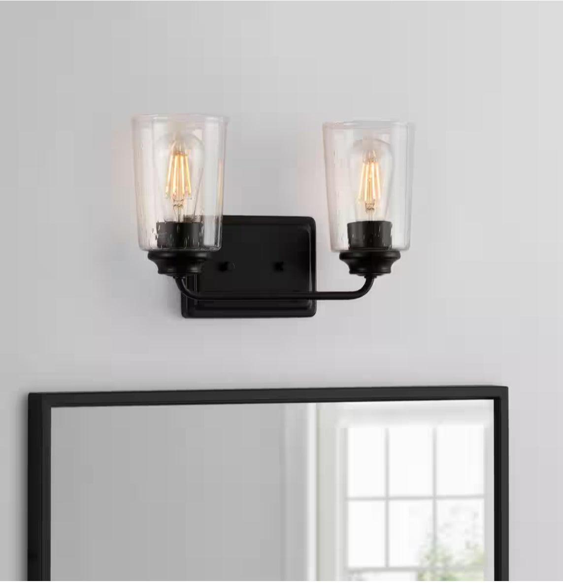 Hampton Bay
Evangeline 13-5/8 in. 2-Light Matte Black Farmhouse Bathroom Vanity Light with Clear Seeded Glass Shades