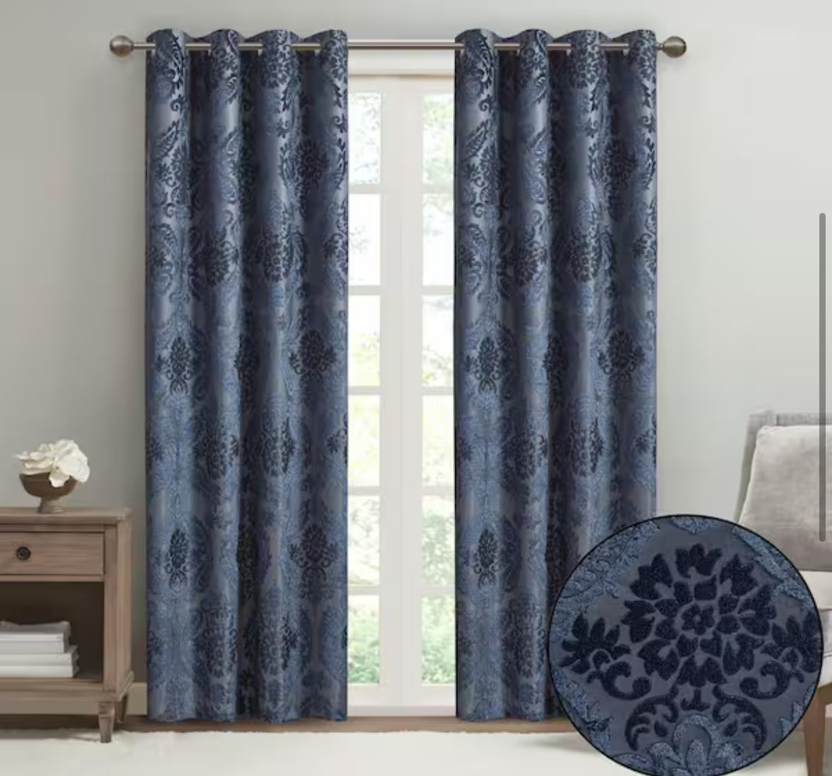 Loraine Navy Damask Knitted Jacquard Paisley 50 in. W x 108 in. L Blackout Grommet Top Curtain