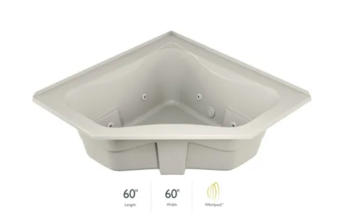 Jacuzzi 60" x 60" Signature Corner Whirlpool Bathtub with 6 Jets, Air Controls, RapidHeat Water Heater, Center Drain, Tiling Flange, and Right Pump