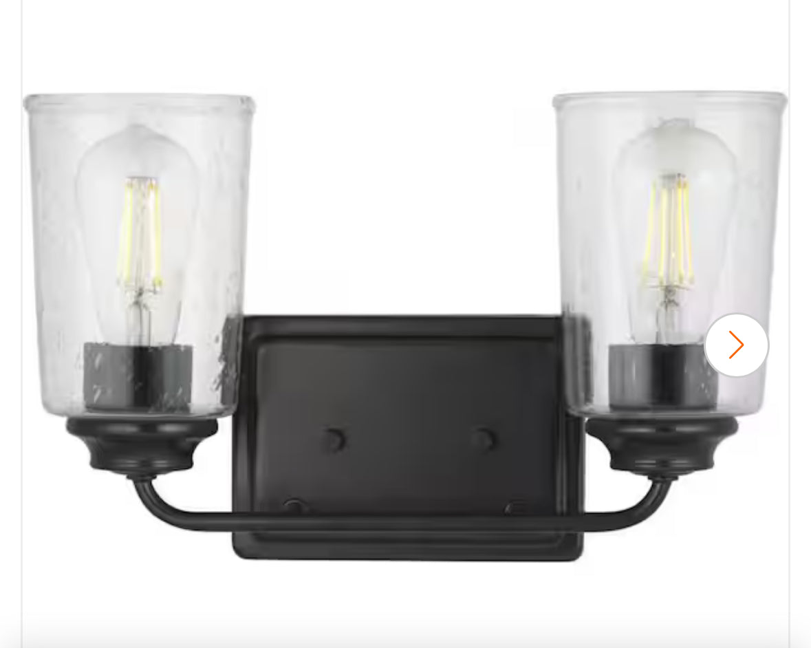 Hampton Bay
Evangeline 13-5/8 in. 2-Light Matte Black Farmhouse Bathroom Vanity Light with Clear Seeded Glass Shades