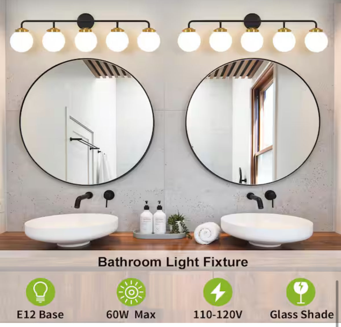 38.98 in. 5-Light Black and Gold Bathroom Vanity Light with Opal Glass Shades, Bulbs not Included