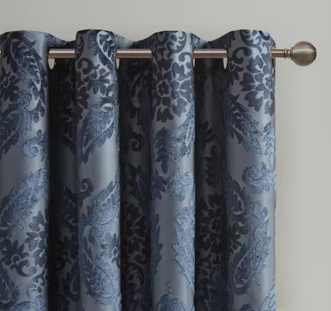 Loraine Navy Damask Knitted Jacquard Paisley 50 in. W x 108 in. L Blackout Grommet Top Curtain