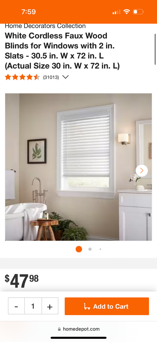 White Cordless Faux Wood Blinds for Windows with 2 in. Slats - 30.5 in. W x 72 in. L (Actual Size 30 in. W x 72 in. L)
