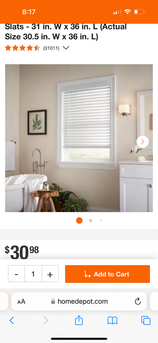 White Cordless Faux Wood Blinds for Windows with 2 in. Slats - 31 in. W x 36 in. L (Actual Size 30.5 in. W x 36 in. L)