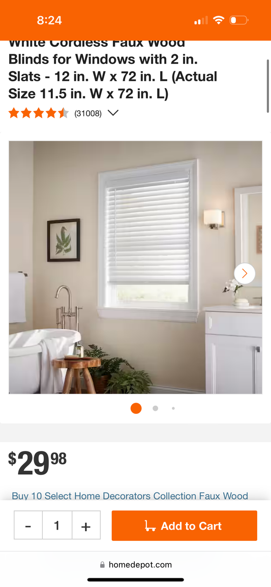 White Cordless Faux Wood Blinds for Windows with 2 in. Slats - 12 in. W x 72 in. L (Actual Size 11.5 in. W x 72 in. L)