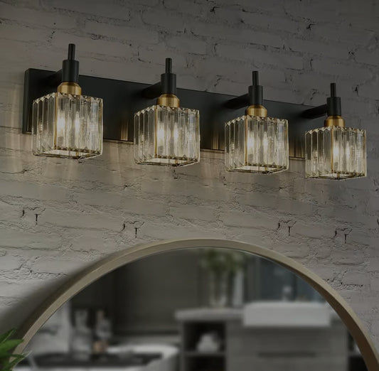 Edislive Orillia 27.5 in. 4-Light Modern Black Gold Bathroom Vanity Light with Crystal Shades