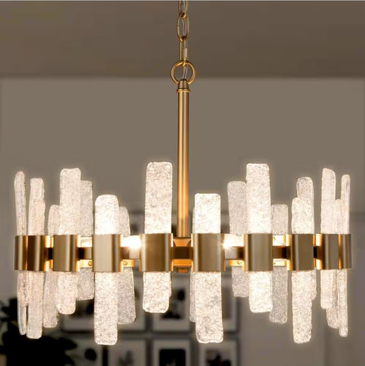 Mid-Century Modern Gold Kitchen Island Chandelier, 6-Light Glam Dining Room Ceiling Light with Icing Glass Strips
